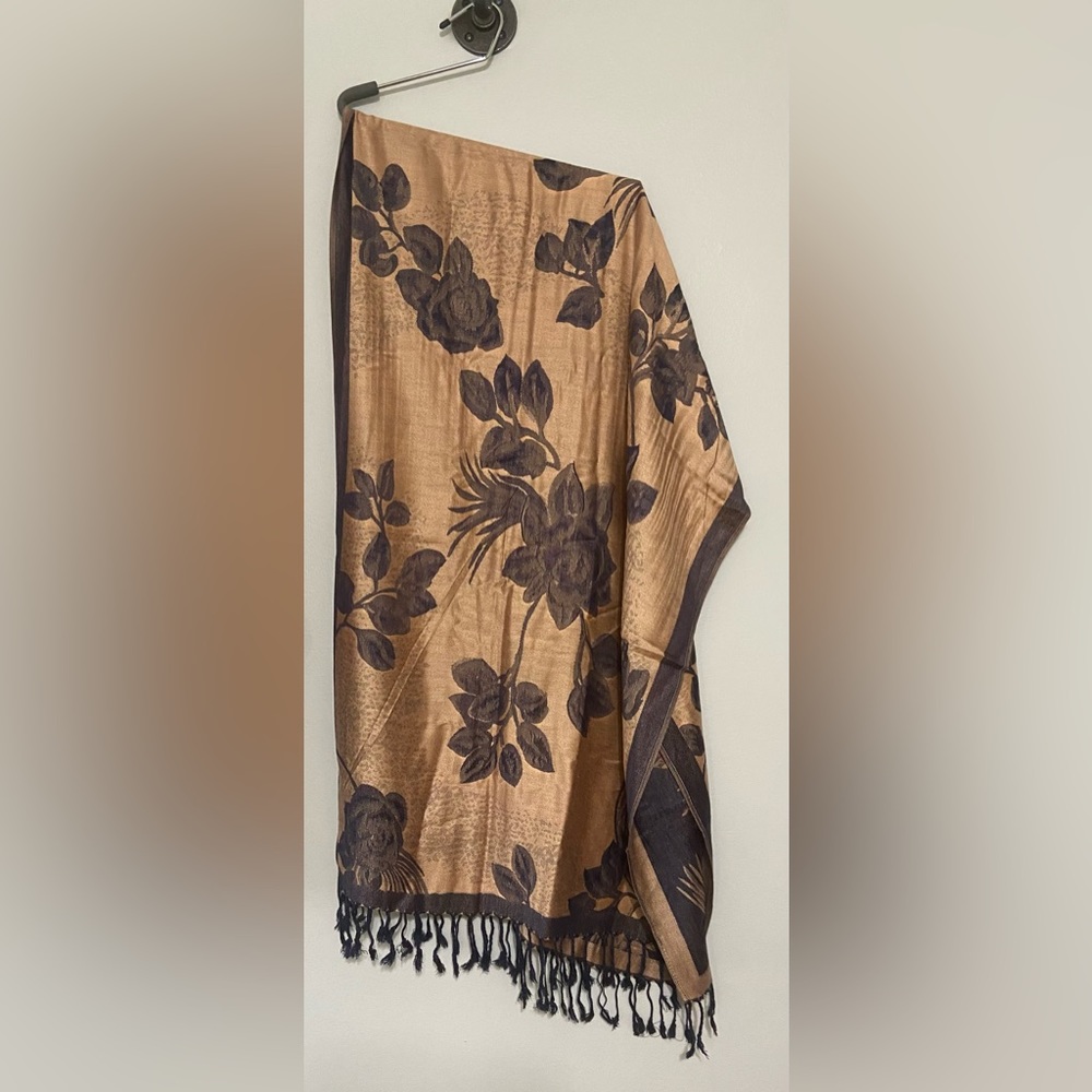 Gold and blue floral scarf 76 x 26 with fringe